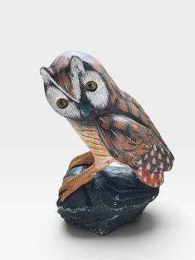 Vintage Action Industries Owl Figurine Stone Resin Amber Glass Eyes 70s 80s